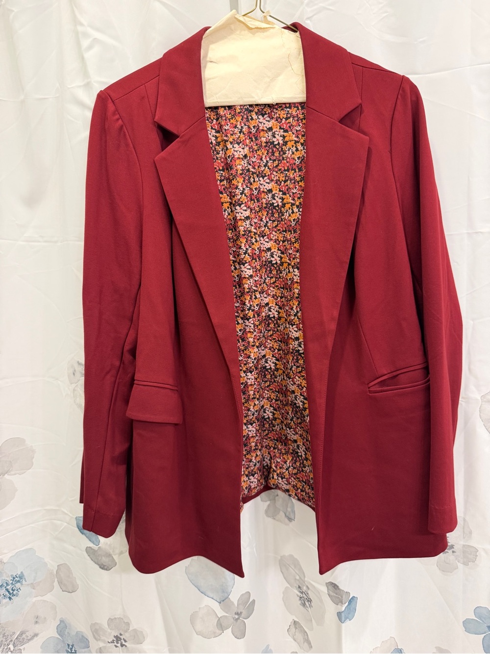 Skies Are Blue Burgundy Open-Front Blazer with Floral Lining